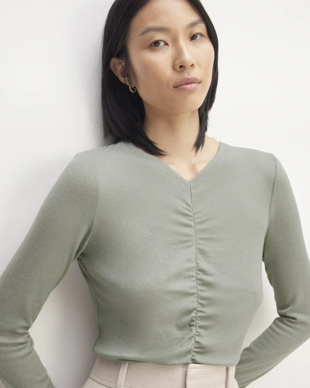 The Ruched V-Neck Tee in Butterluxe | Sage Green (2)