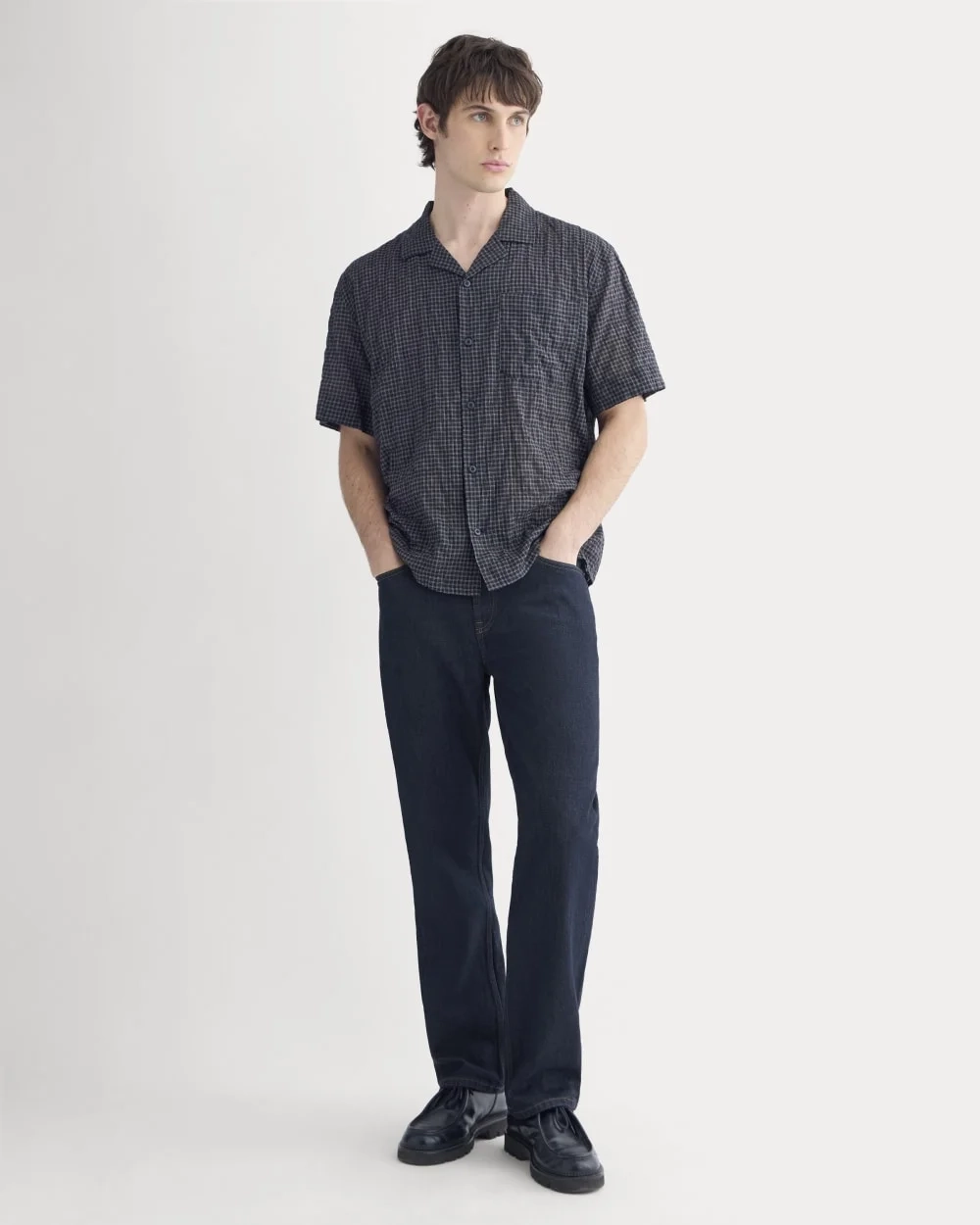 Textured Voile Resort Shirt | Black Plaid (6)