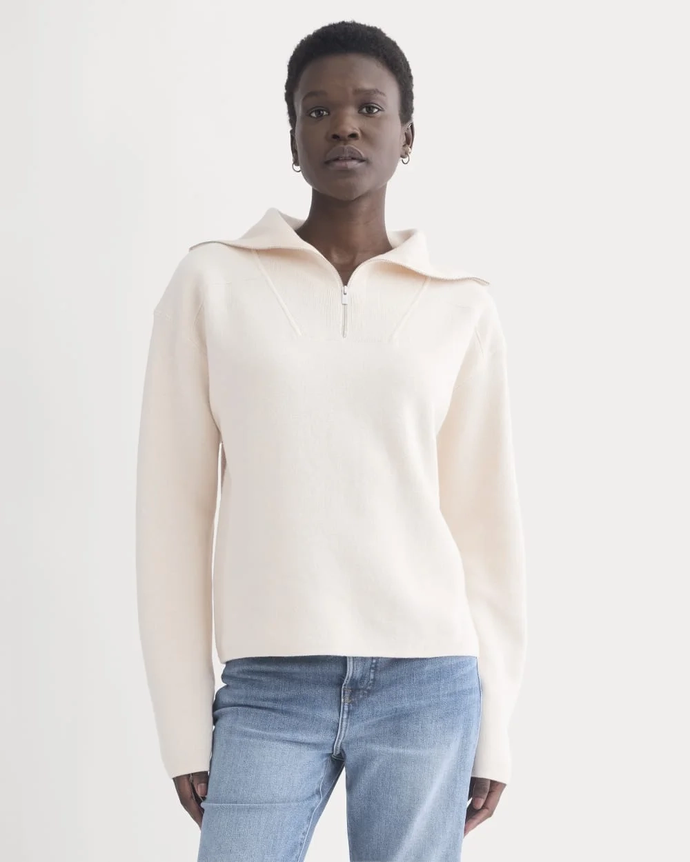 Double Knit Half-Zip in Cotton Merino | Bone/Cream/Sand/Light Camel (5)