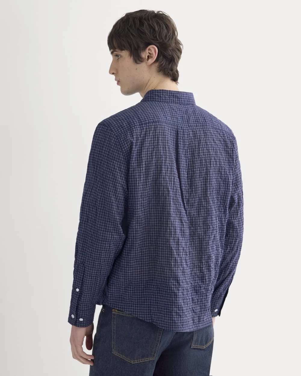 Textured Voile Button-Up Shirt | Navy Plaid (3)