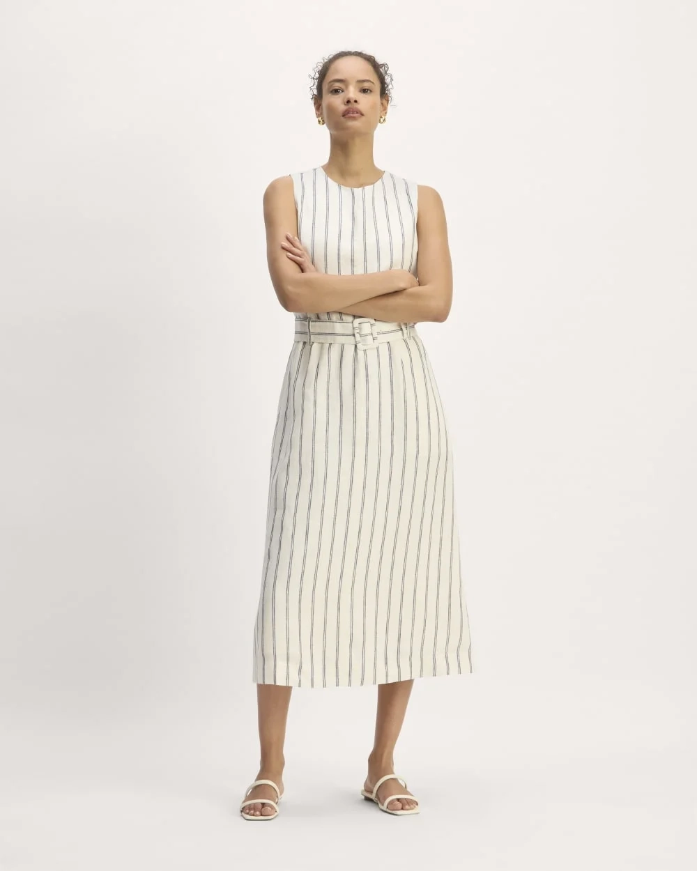 The Linen Belted Midi Dress | Bone/Navy