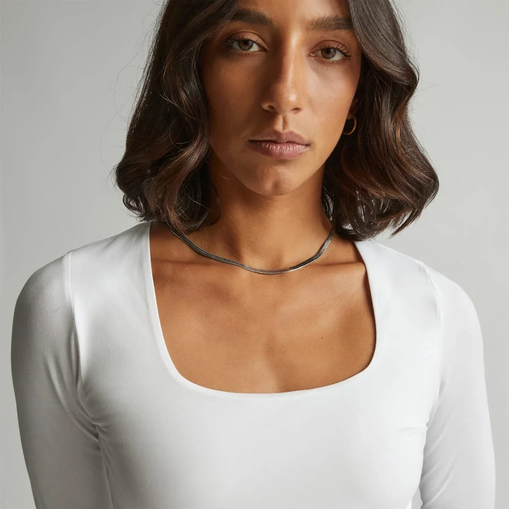 The Long-Sleeve Supima® Square-Neck Bodysuit | White | Thong (3)