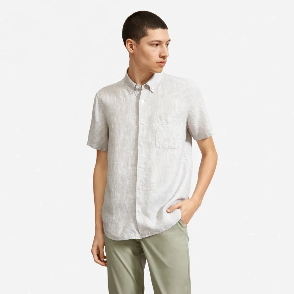 The Classic Short-Sleeve Shirt in Linen | Stone / White Stripe (2)