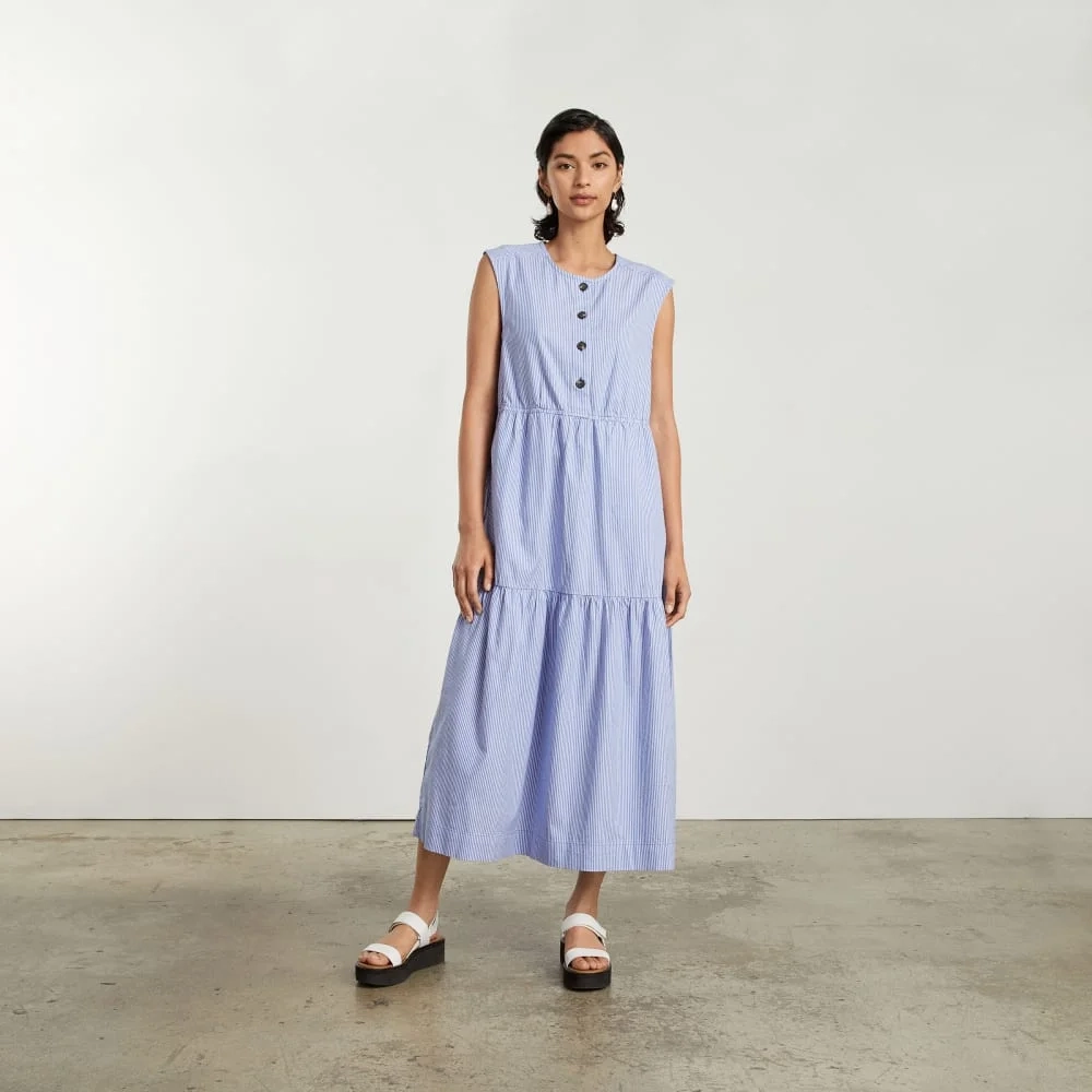 The Tiered Midi Dress | White / Blue Mini Stripe (6)