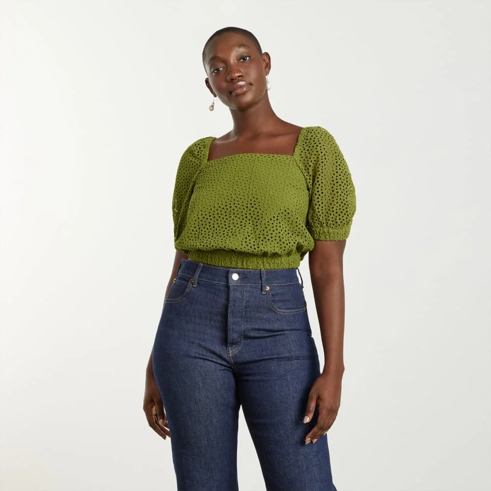The Eyelet Puff Sleeve Top | Moss (6)