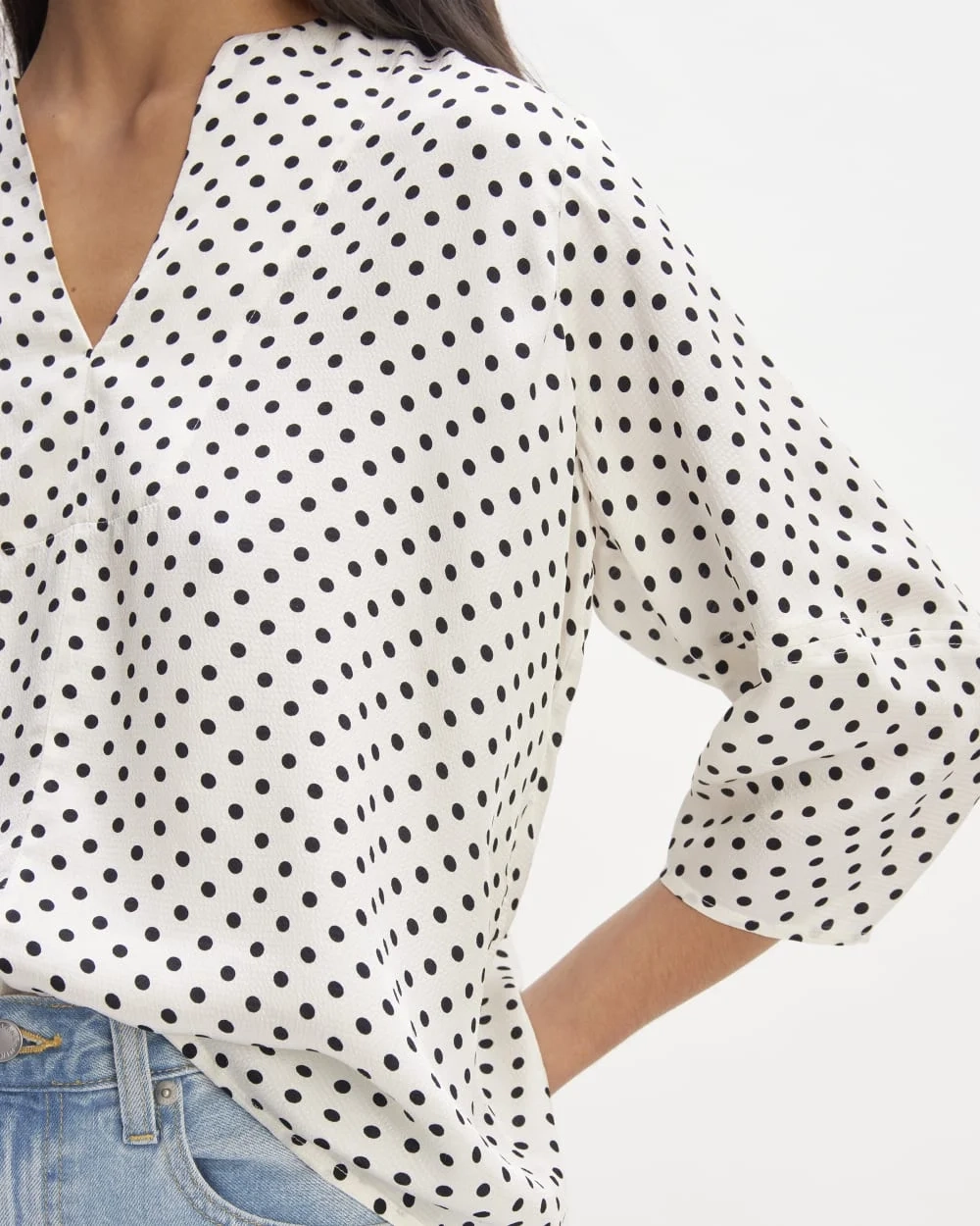 The Hammered Satin Balloon Sleeve Top | Bone / Black Polka Dot (4)