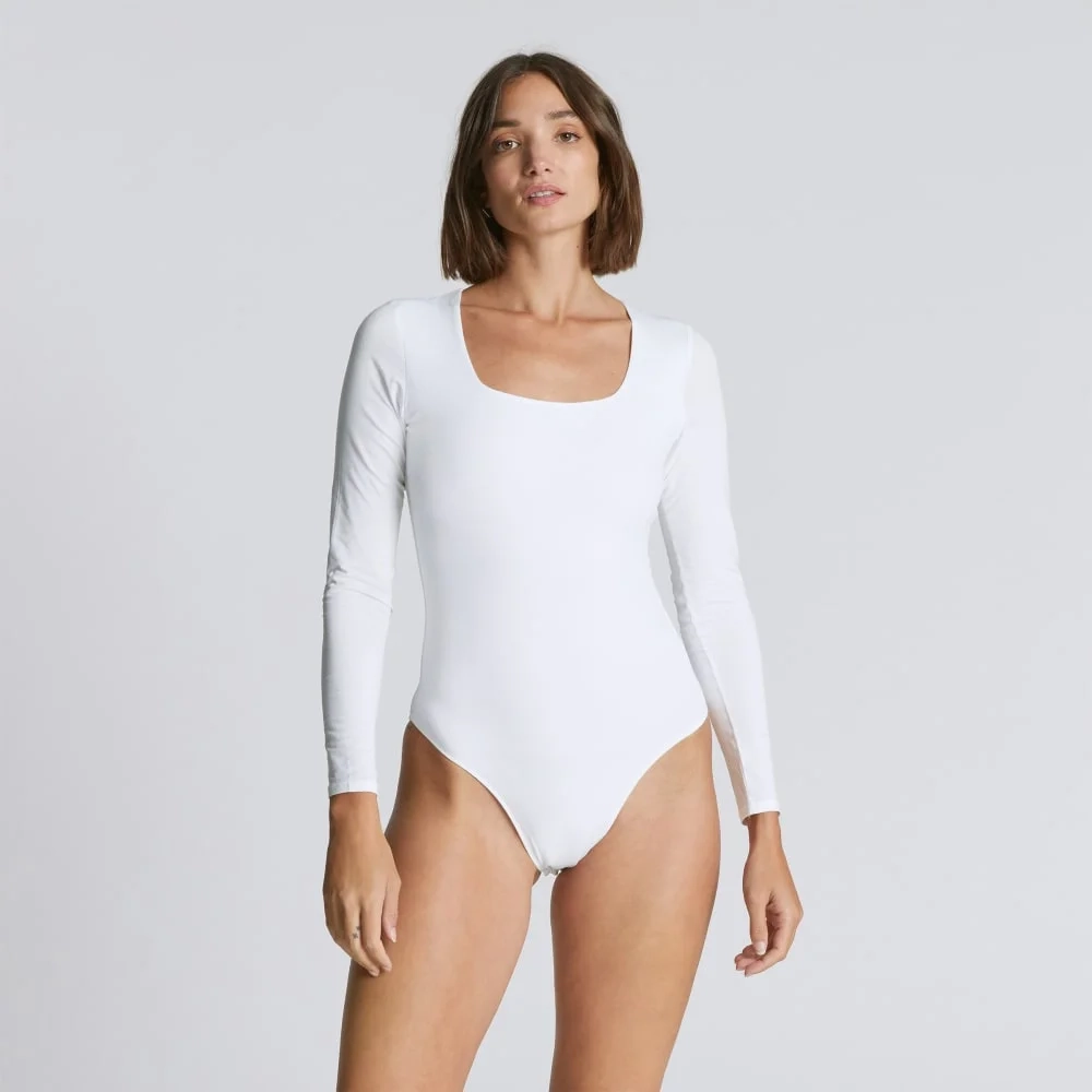 The Long-Sleeve Supima® Square-Neck Bodysuit | White | Bikini (4)