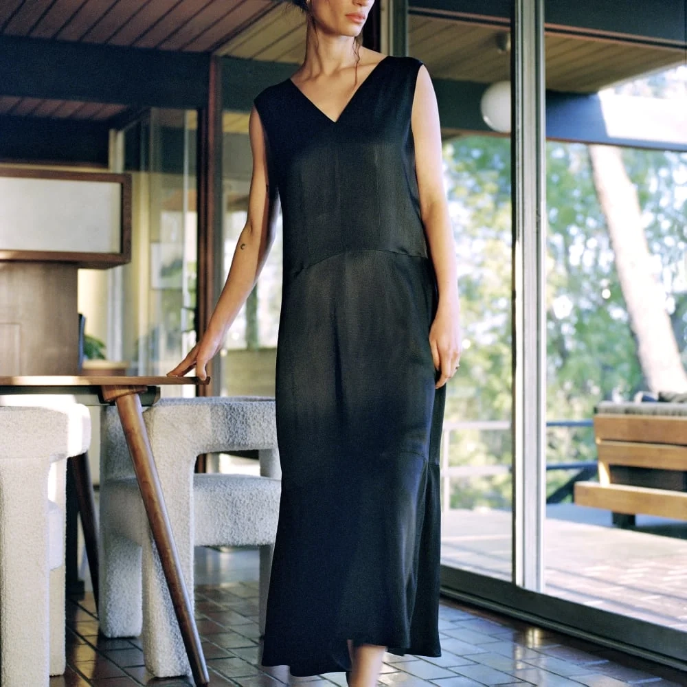 The Satin V-Neck Maxi Dress | Black (4)