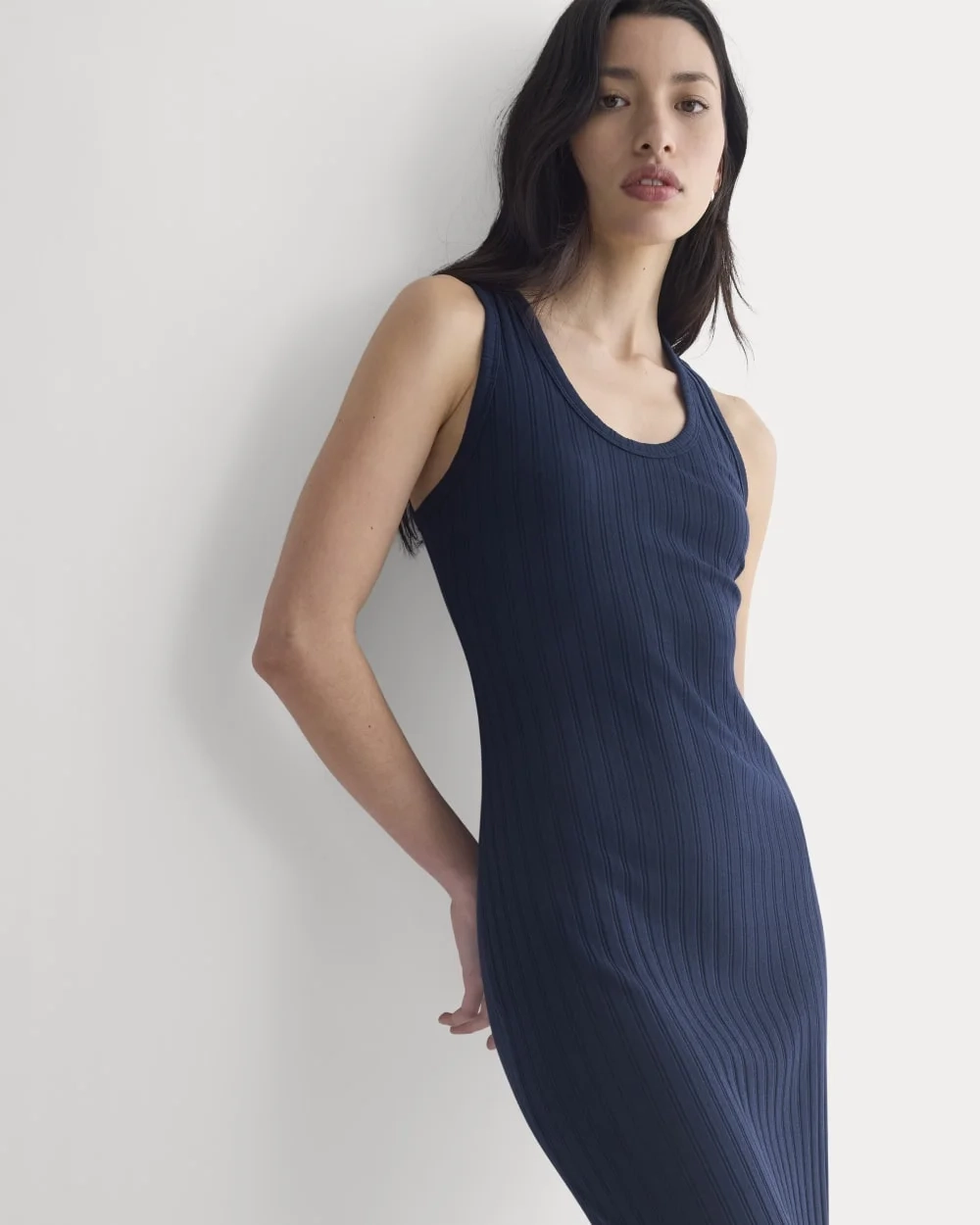 Scoop-Neck Midi Dress in Pointelle Knit | Deep Navy (3)