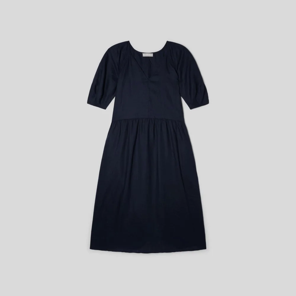 The Linen Oversized Puff-Sleeve Dress | Navy (3)