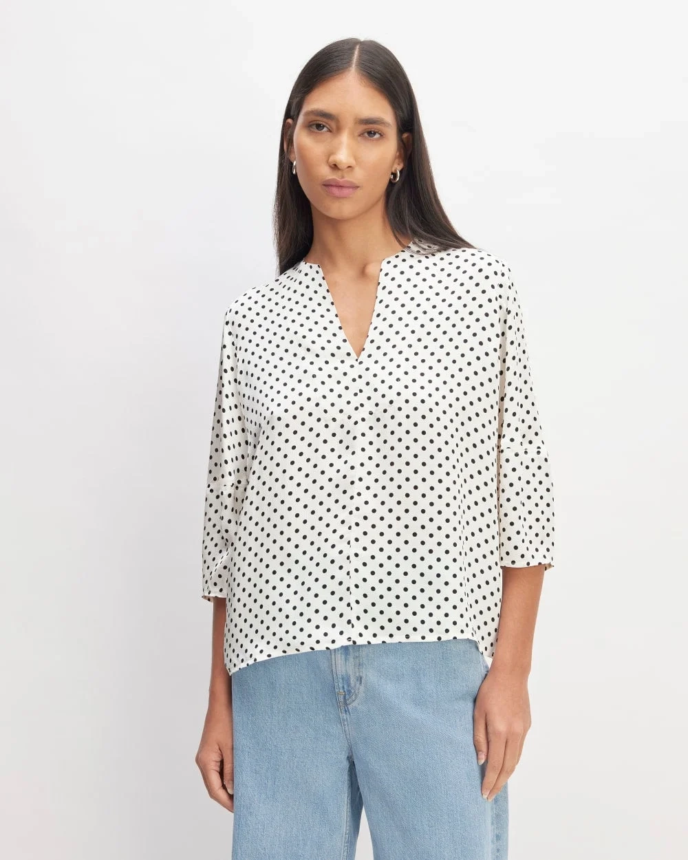 The Hammered Satin Balloon Sleeve Top | Bone / Black Polka Dot