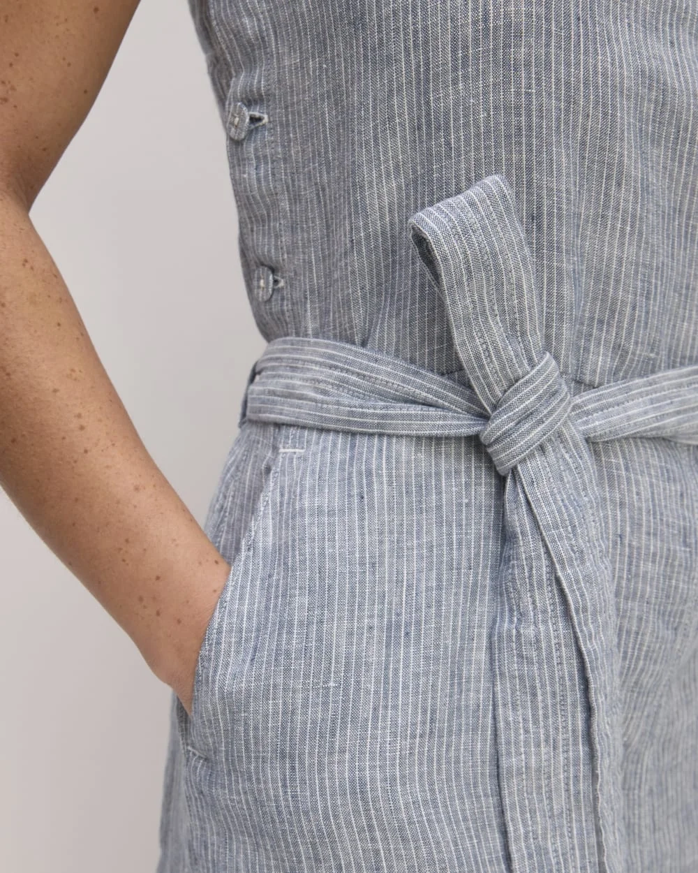 The Linen Side-Button Jumpsuit | White / Blue (2)