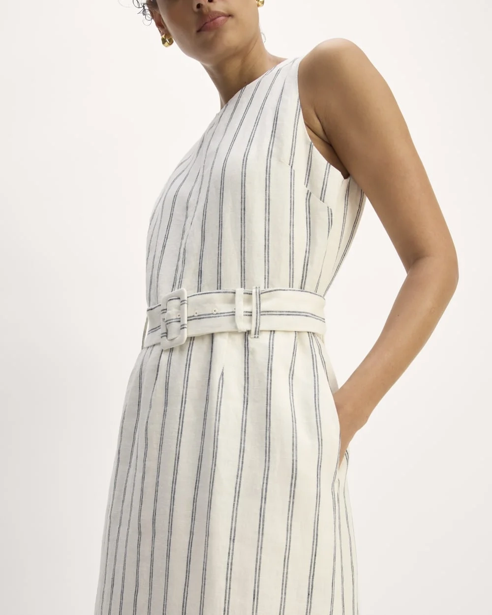 The Linen Belted Midi Dress | Bone/Navy (4)
