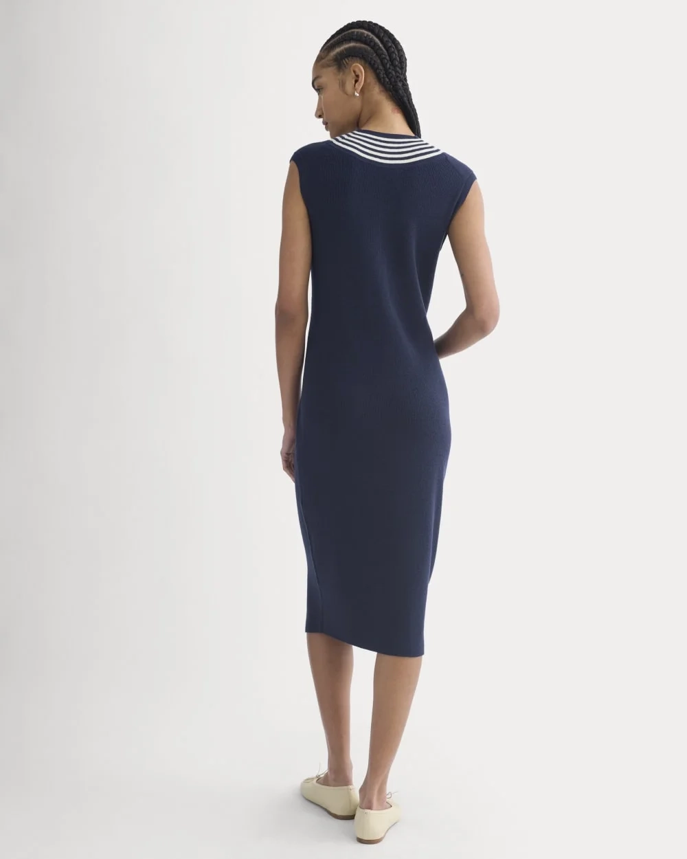 Relaxed V-Neck Midi Sweater Dress in Cotton Merino | Navy (3)