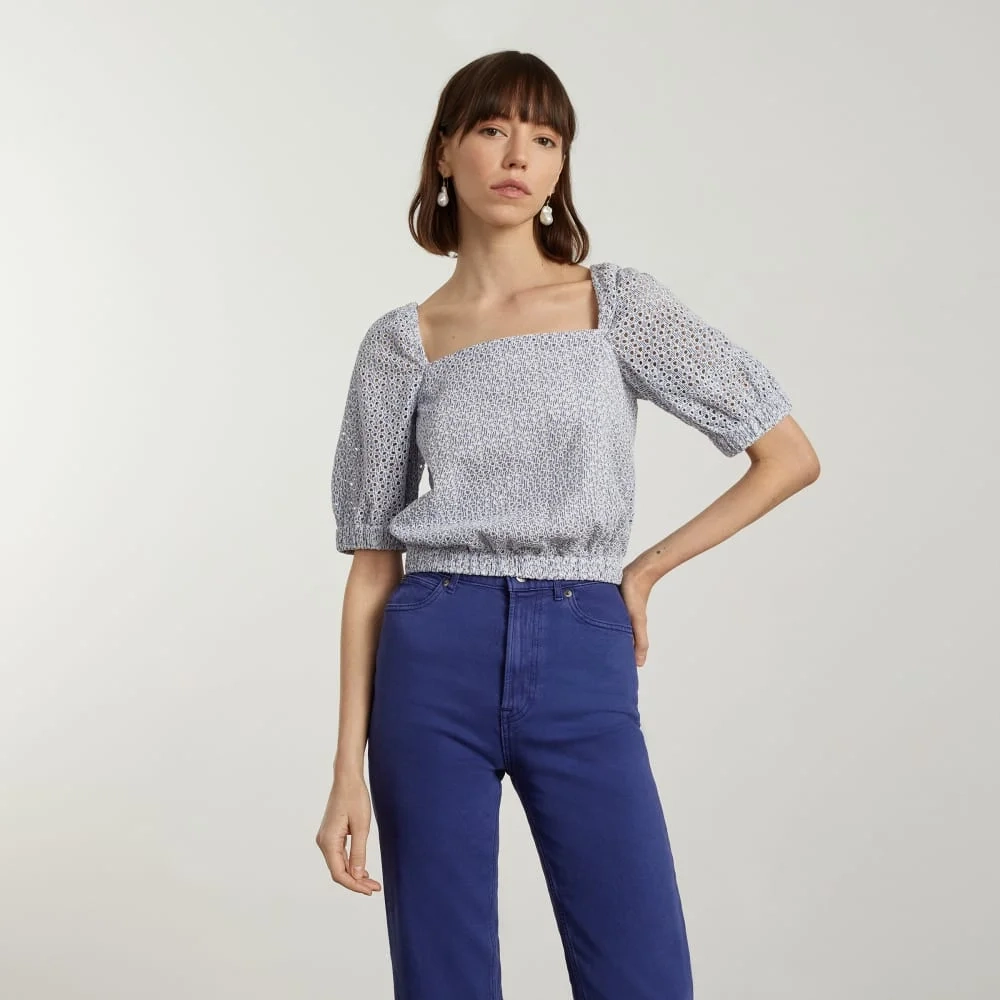 The Eyelet Puff Sleeve Top | Deep Blue / White (3)