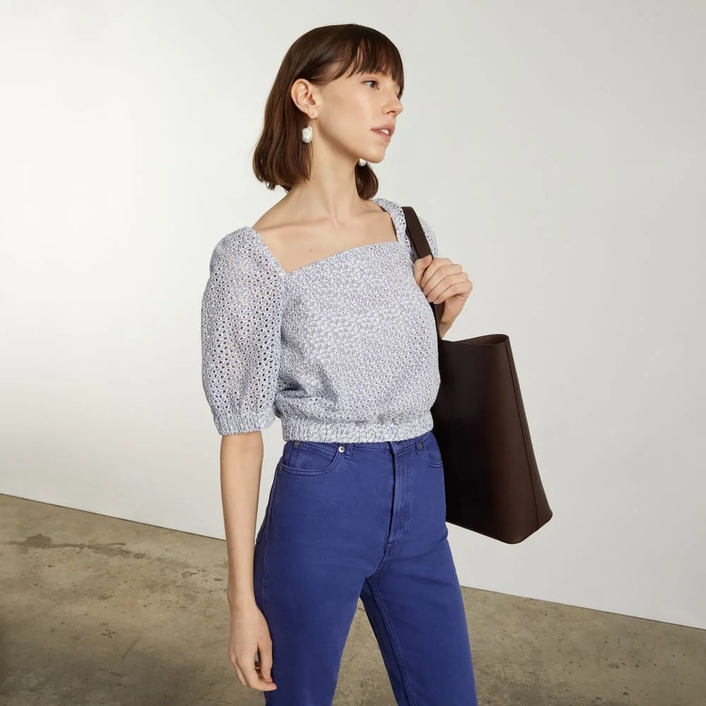 The Eyelet Puff Sleeve Top | Deep Blue / White (4)