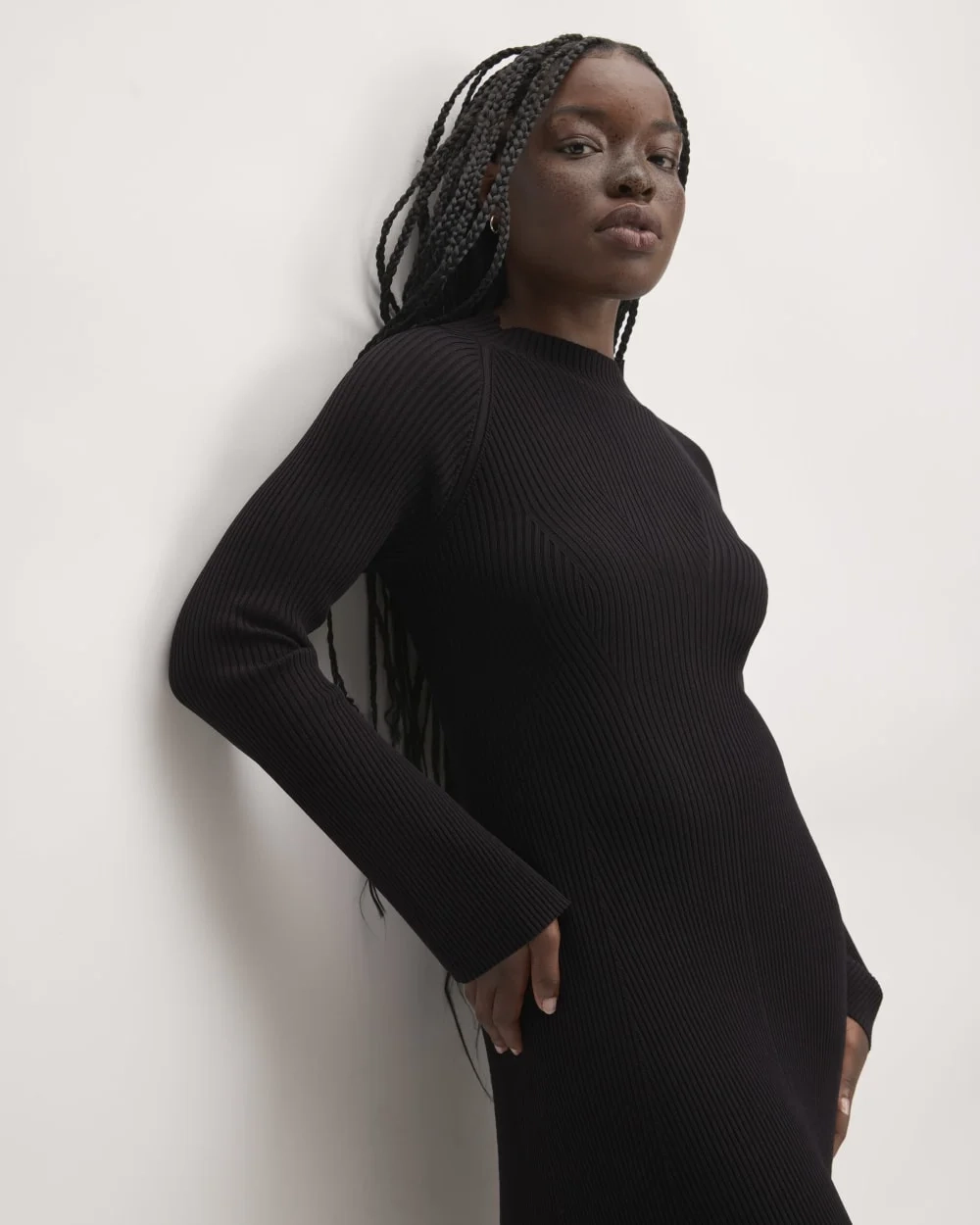 The Ribbed Mock Neck Midi Dress | Black (5)