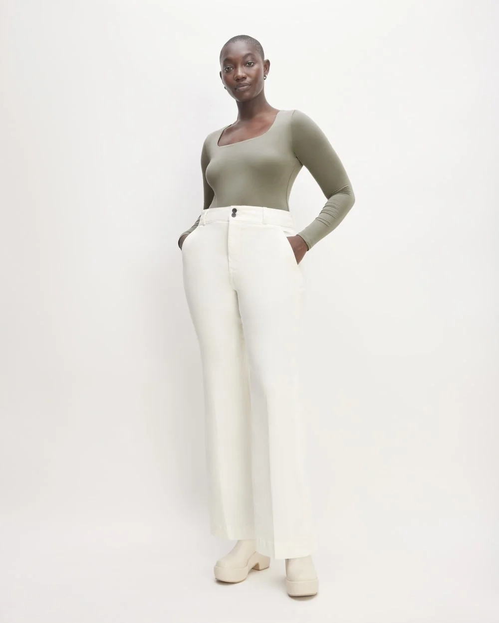 The Long-Sleeve Supima® Square-Neck Bodysuit | Dark Sage | Thong