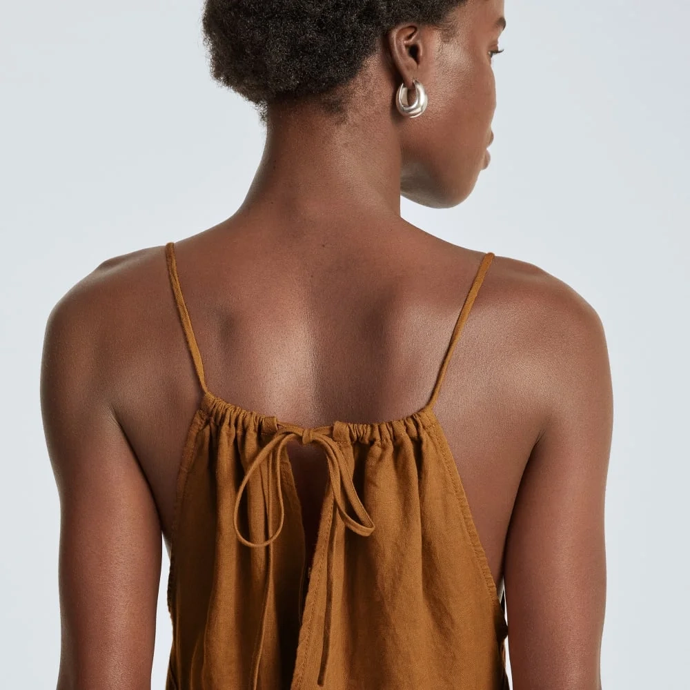 The Linen Shoestring Jumpsuit | Tawny Brown (4)