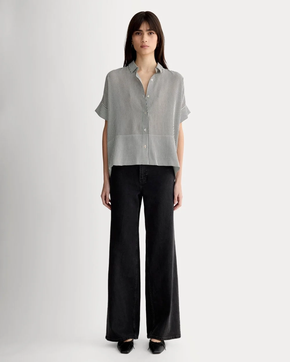 The Boxy Shirt in Washable Silk | Black Micro Stripe (4)