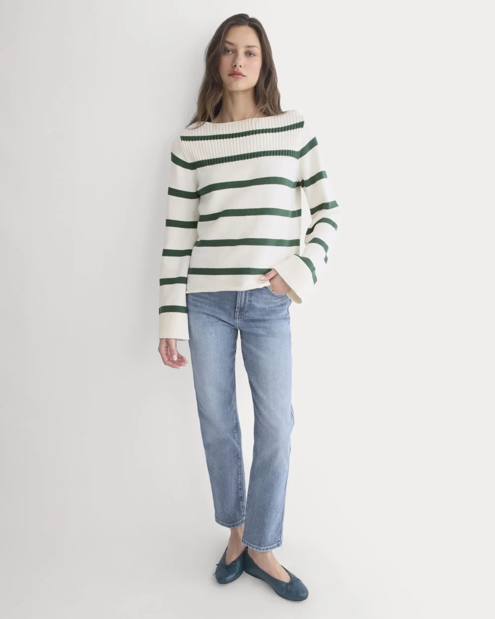 Striped Boatneck Sweater in Everyday Cotton | Hunter Green/Bone (6)