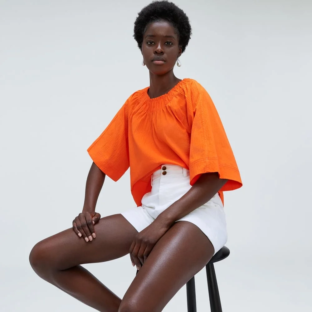 The Seersucker Gathered Tee | Bright Orange (2)