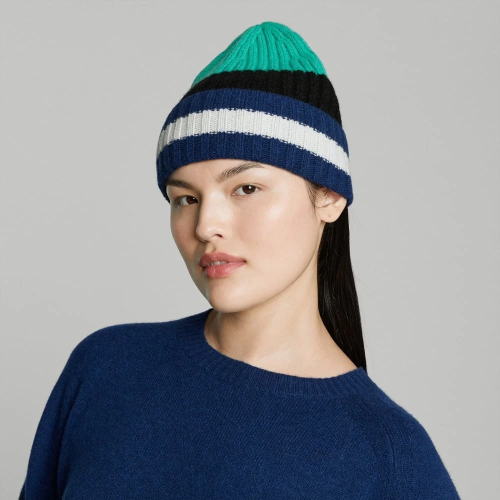 The Cashmere Beanie | Bright Navy Multi Stripe (4)