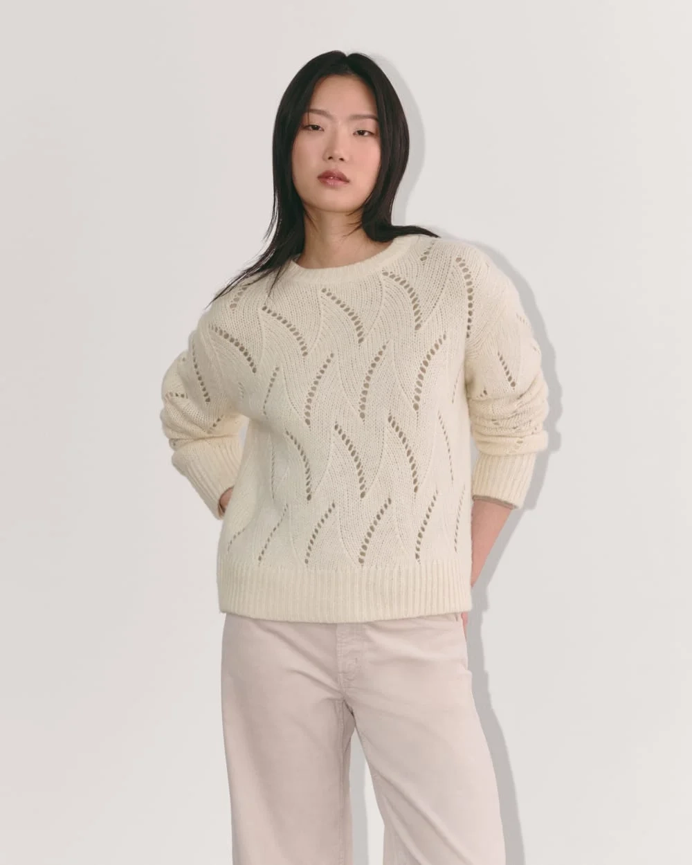 The Pointelle Sweater in Cloud | Bone