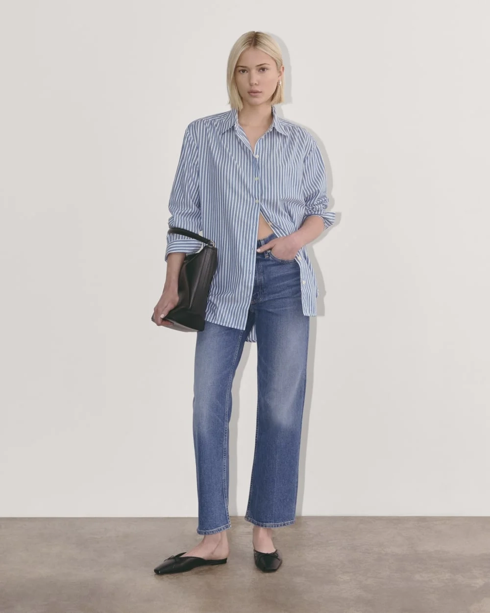 The Gathered Shirt in Silky Cotton | Bone / Mazarine Blue (2)