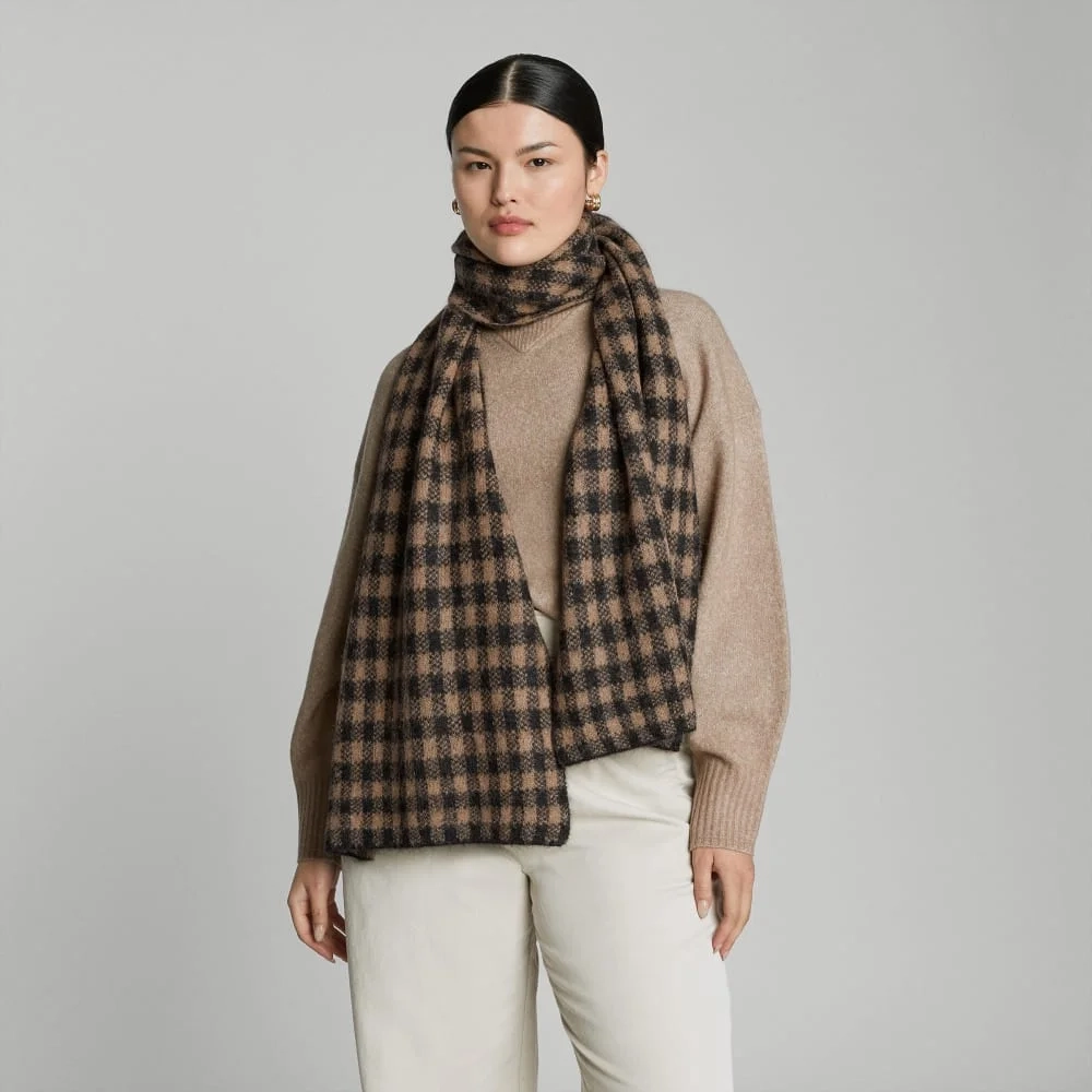 The Alpaca Patterned Scarf | Tobacco Brown / Heather Black Buffalo Check (2)