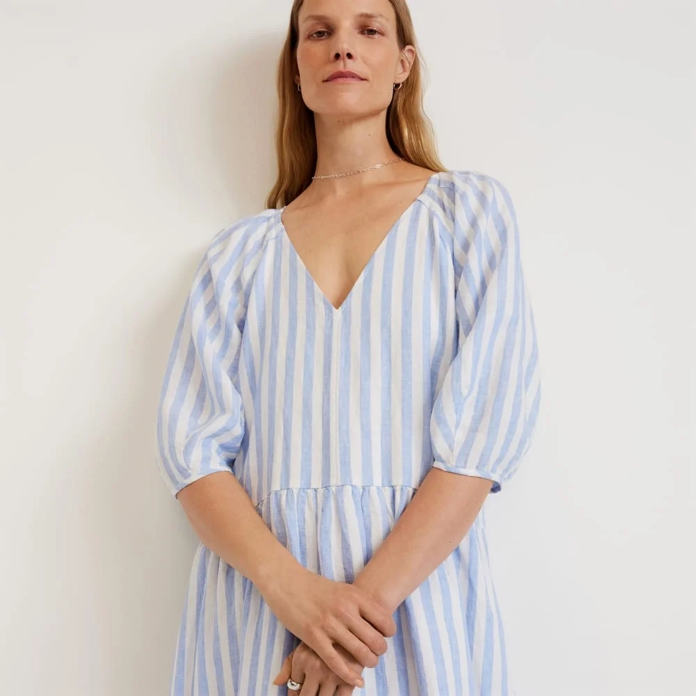 The Linen Oversized Puff-Sleeve Dress | Blue / White (3)