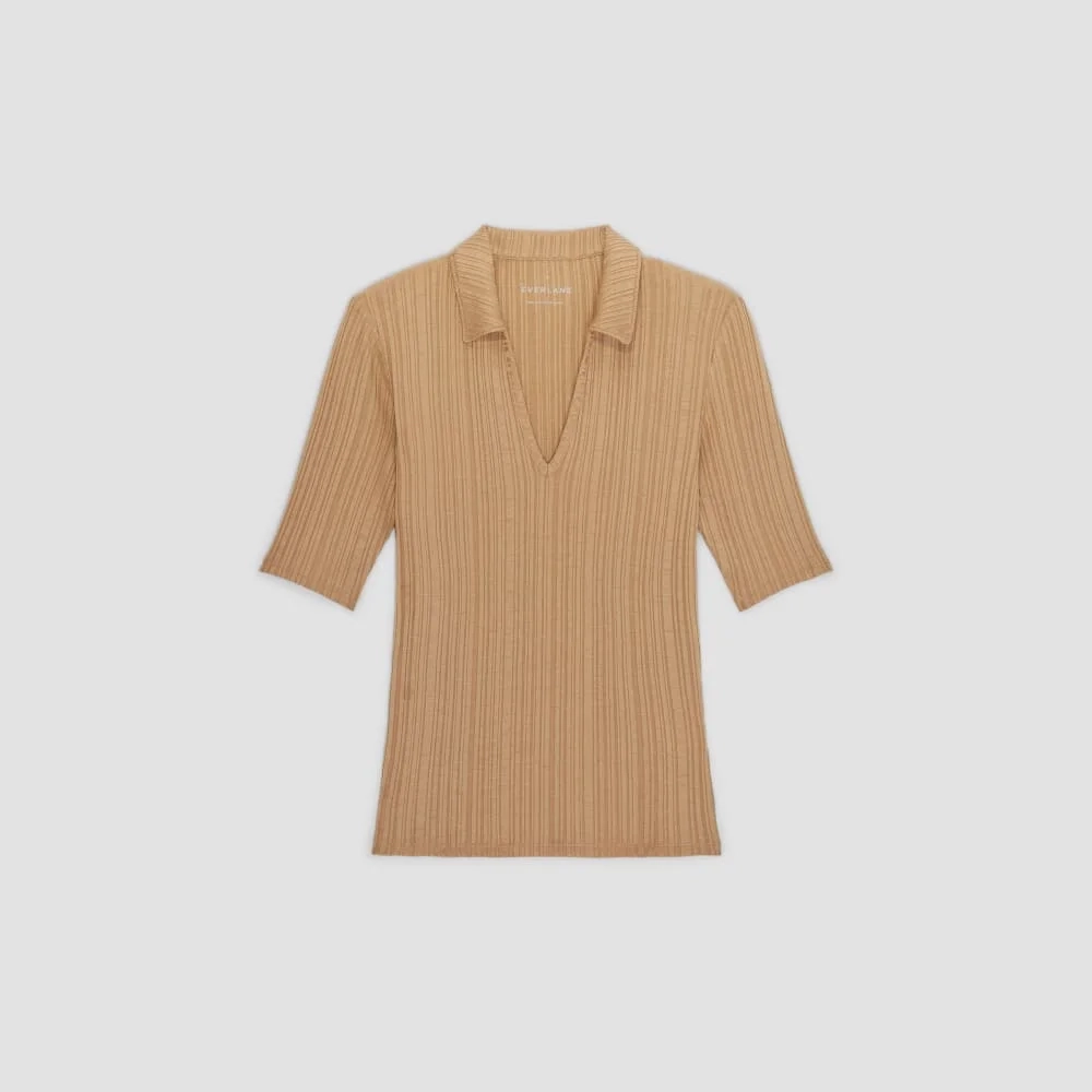 The Rib Soft Knit Open Collar Polo | Caramel (3)