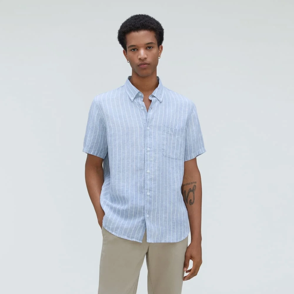 The Classic Short-Sleeve Shirt in Linen | Blue / White (4)