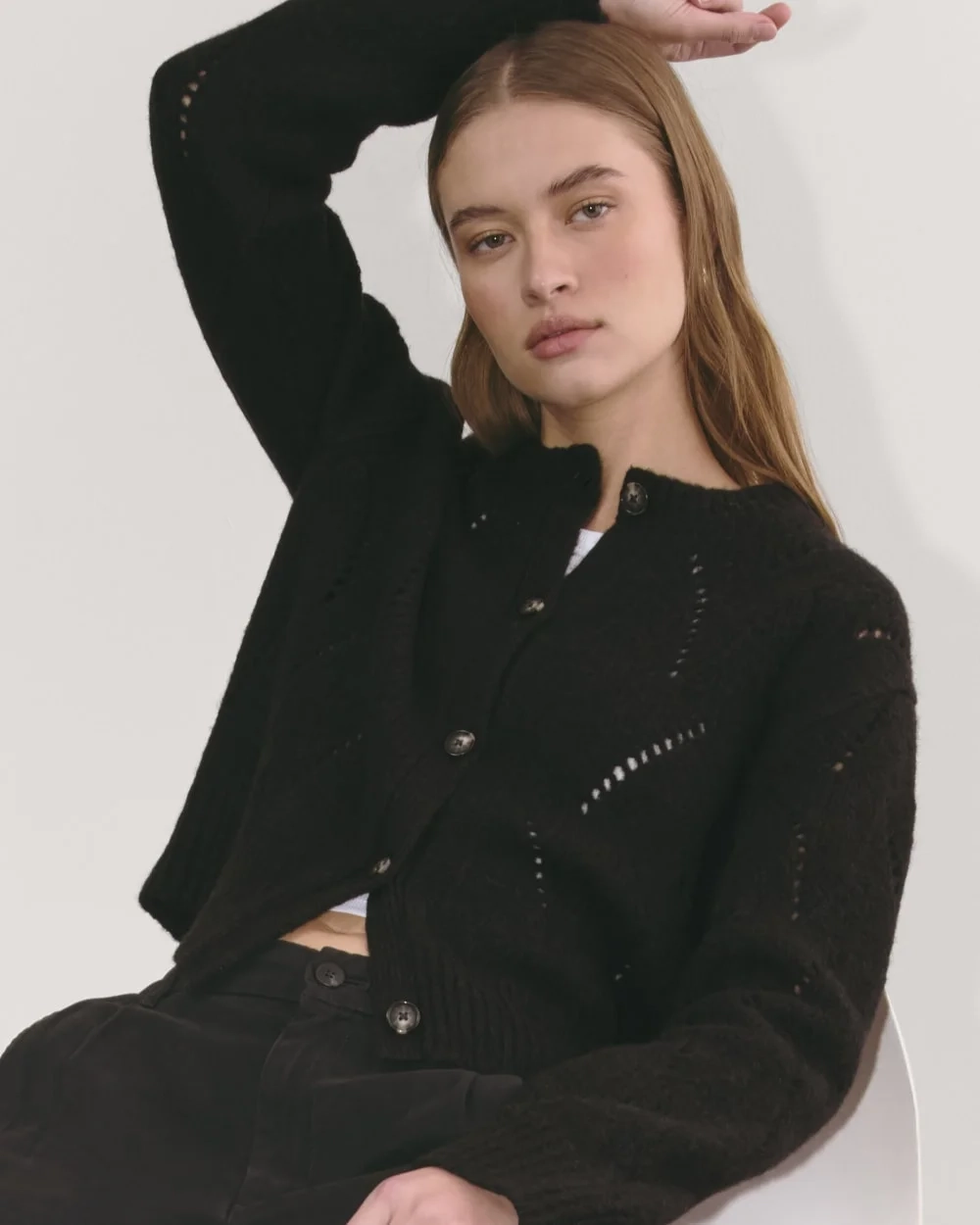 The Pointelle Cardigan in Cloud | Black (4)