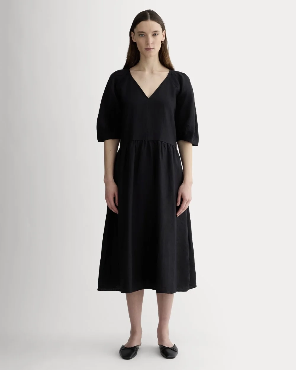 The Linen Oversized Puff-Sleeve Dress | Black