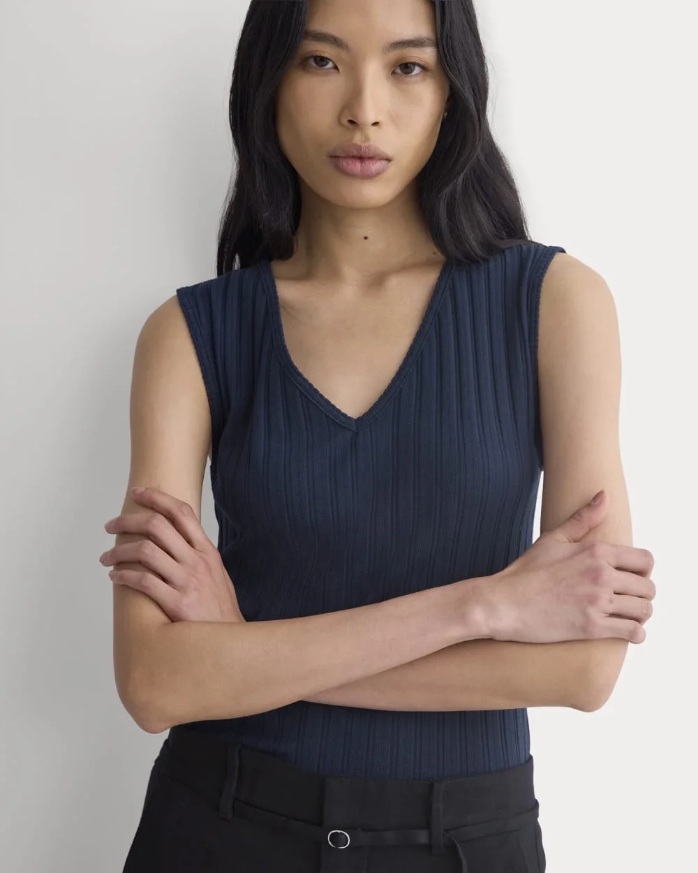 V-Neck Tank in Pointelle | Deep Navy (2)