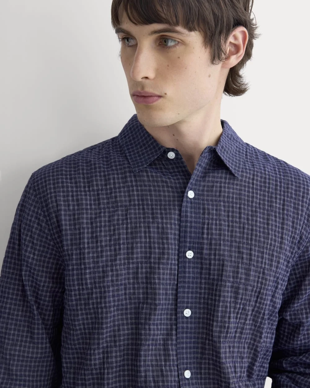 Textured Voile Button-Up Shirt | Navy Plaid (4)