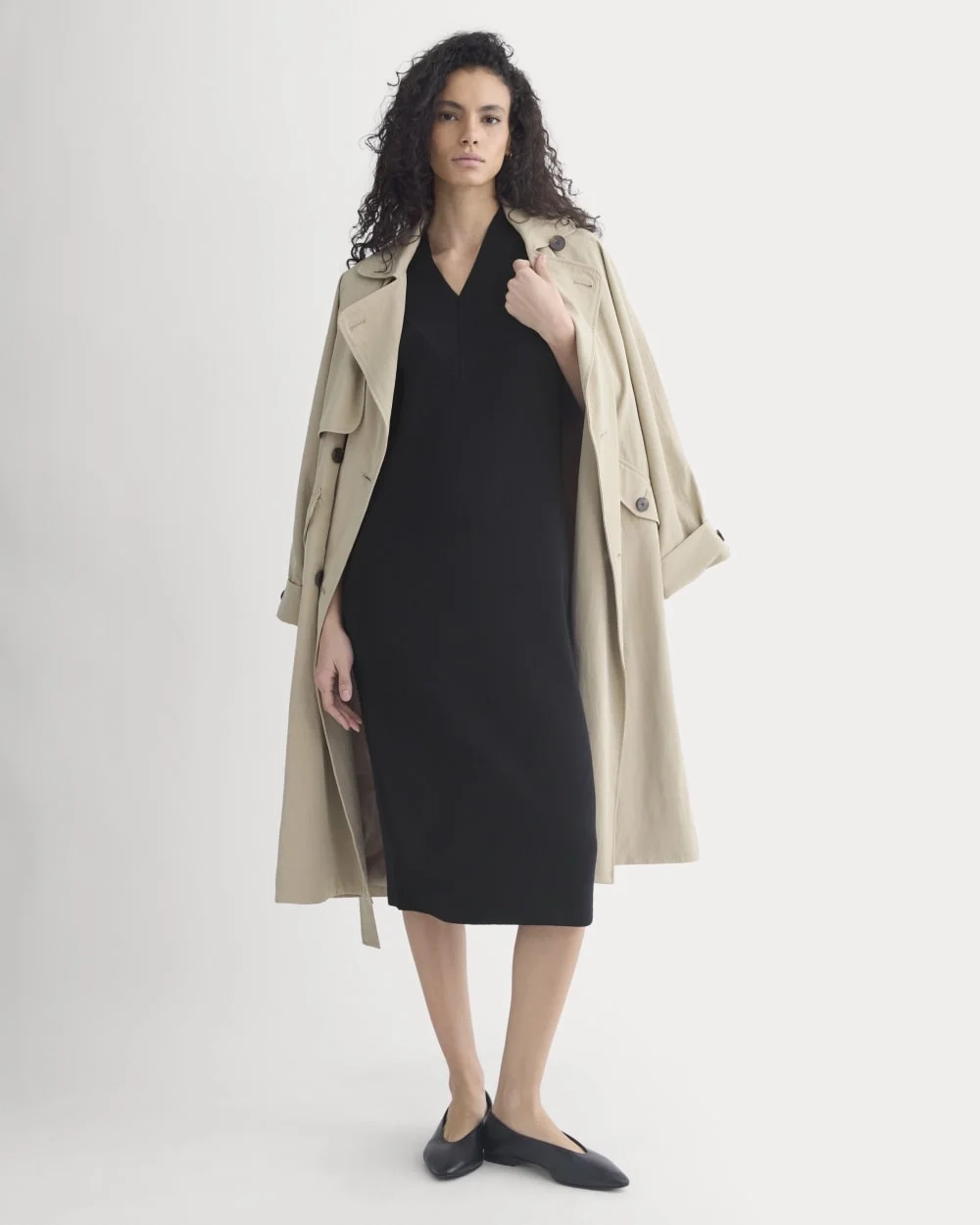 Relaxed V-Neck Midi Sweater Dress in Cotton Merino | Black