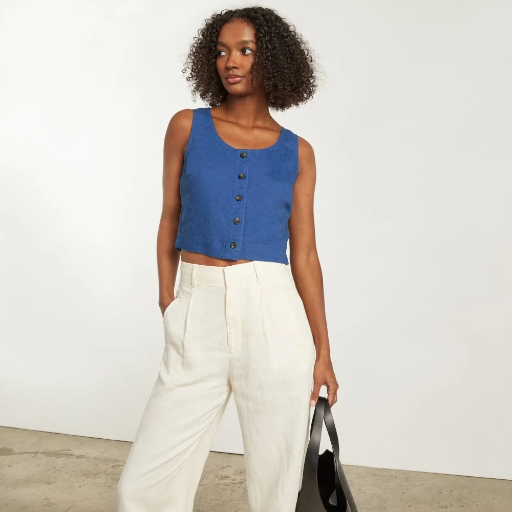 The Linen Button-Front Crop Tank | Deep Blue (5)