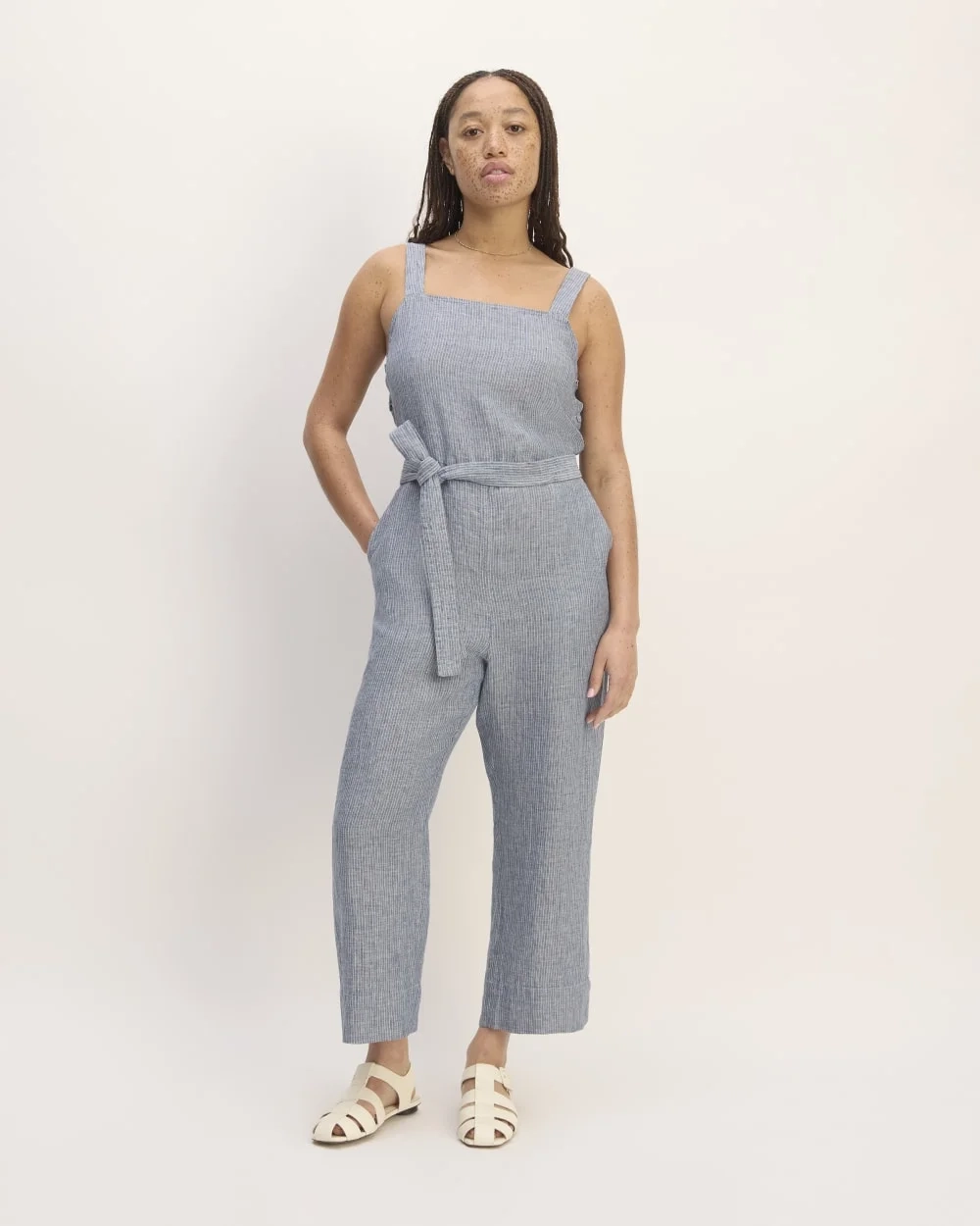 The Linen Side-Button Jumpsuit | White / Blue