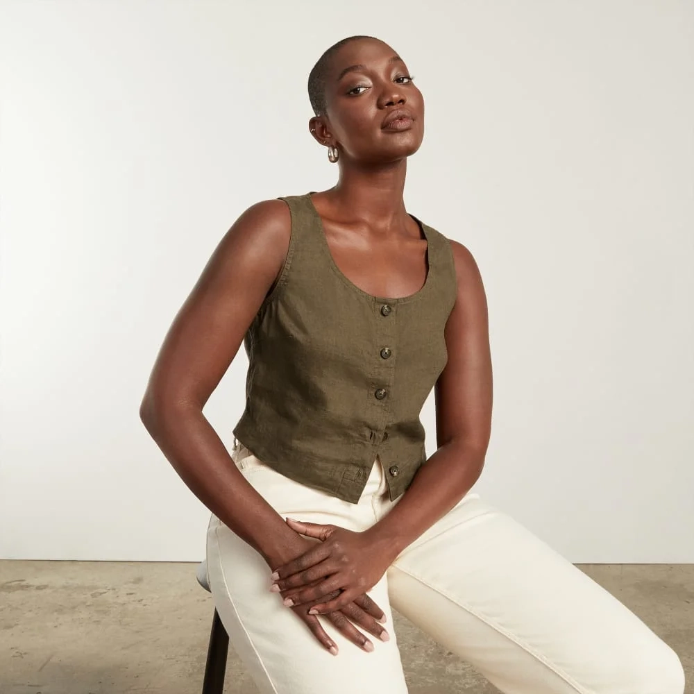 The Linen Button-Front Crop Tank | Beech (6)