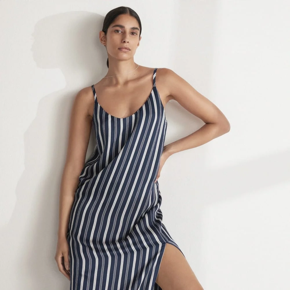 The Hammered Satin Slip Dress |  Navy / Bone (4)