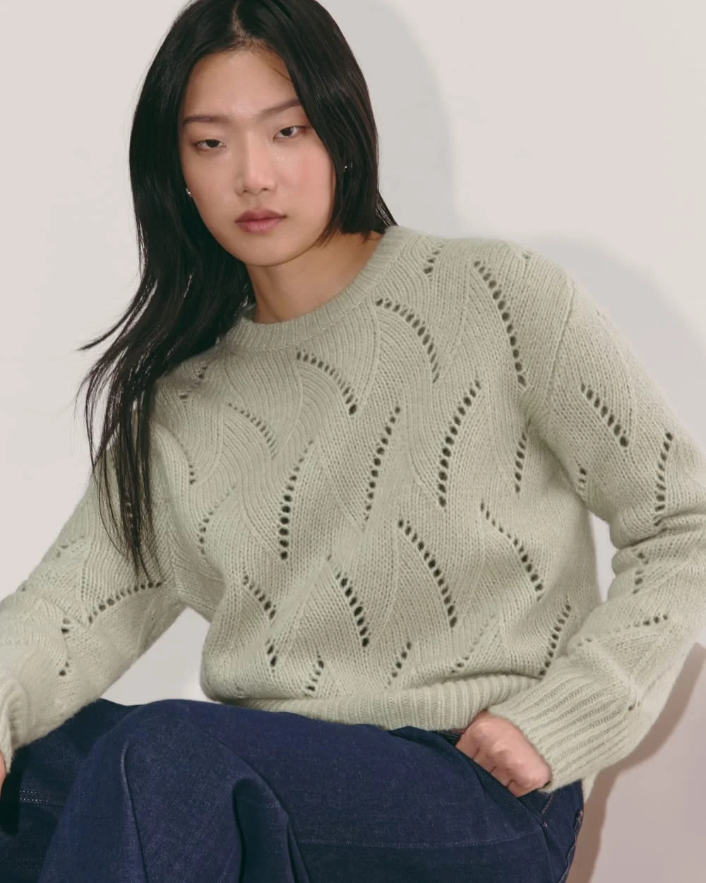 The Pointelle Sweater in Cloud | Seagrass (4)