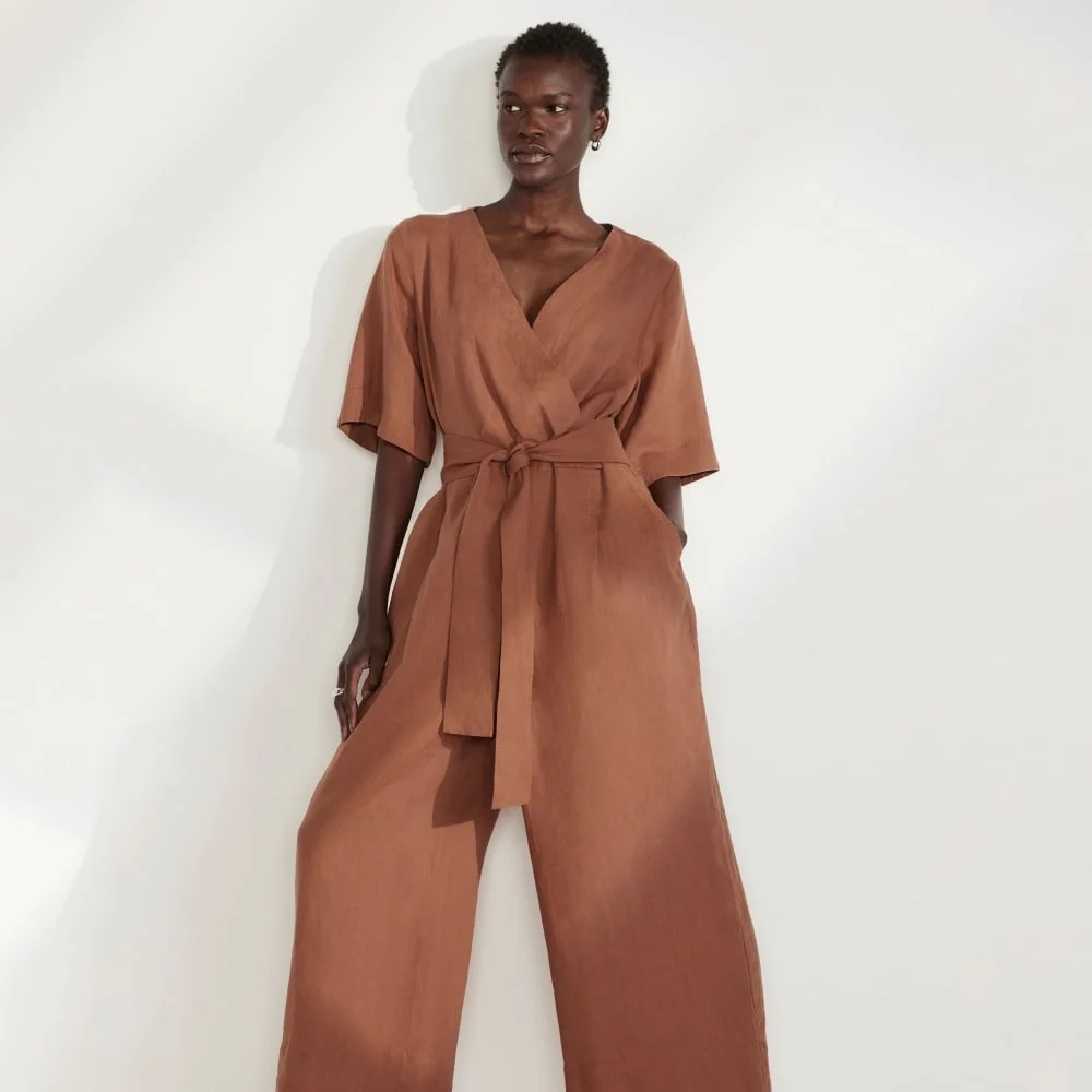The Wrap Jumpsuit in Linen | Carob Brown (3)