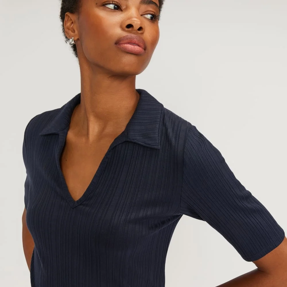 The Rib Soft Knit Open Collar Polo | Navy (6)