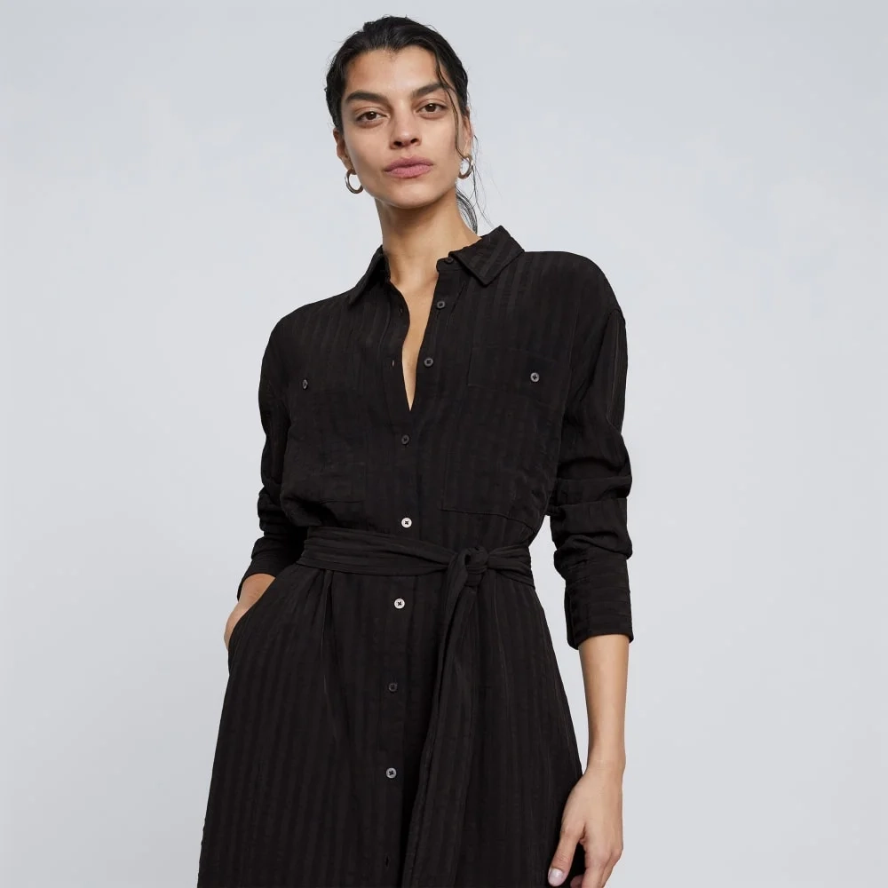 The City Stripe Draped Shirt Dress | Black (5)