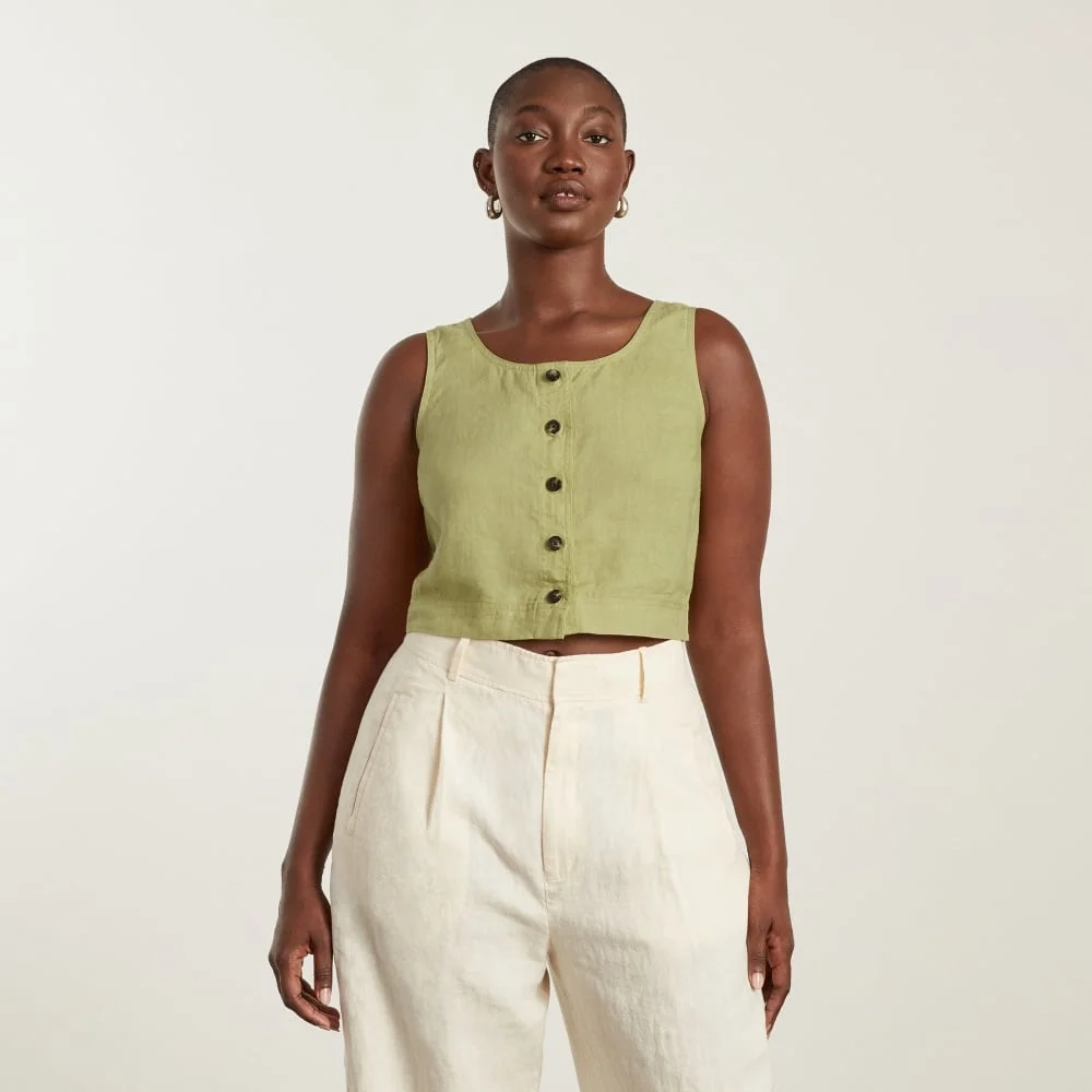 The Linen Button-Front Crop Tank | Leek (5)