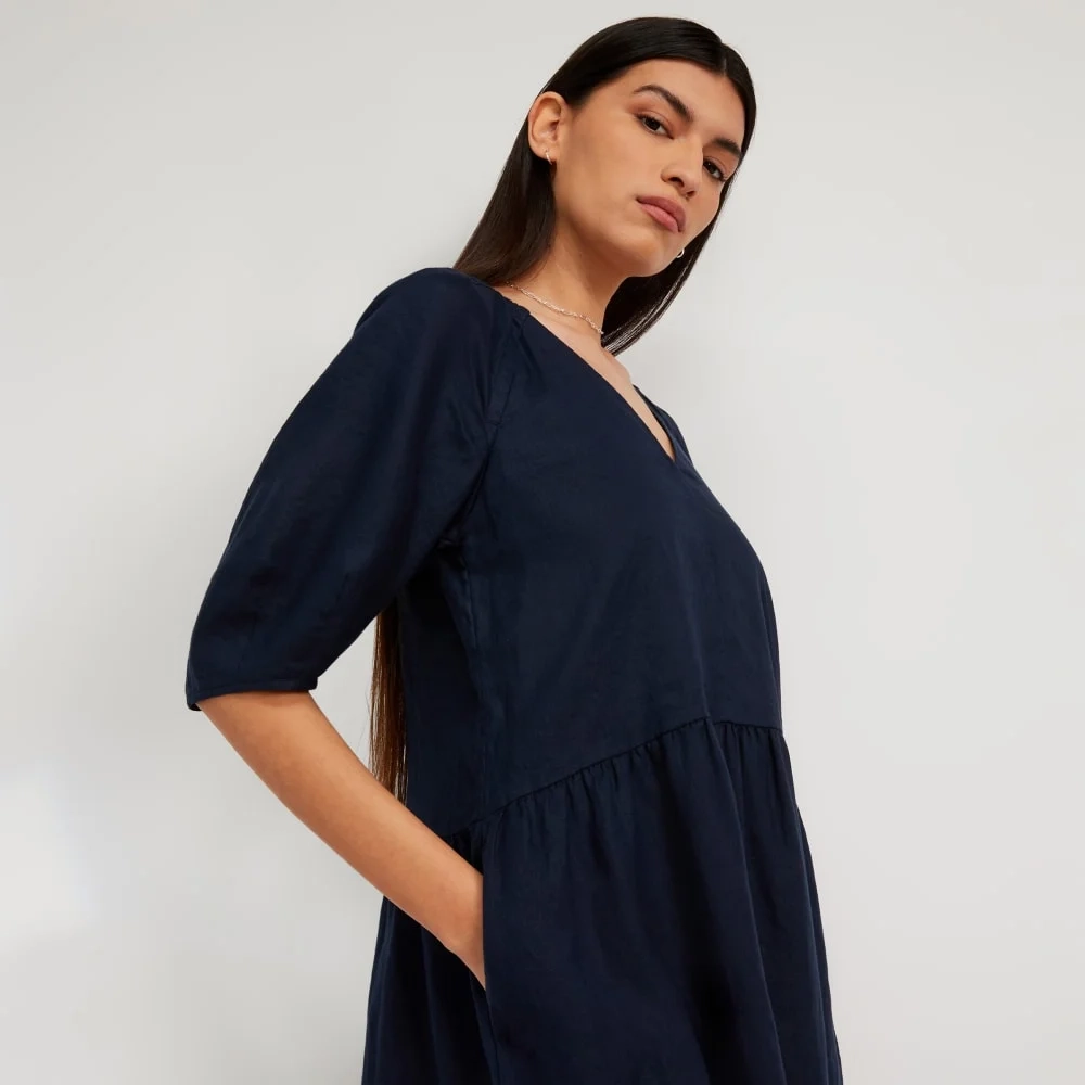 The Linen Oversized Puff-Sleeve Dress | Navy (4)