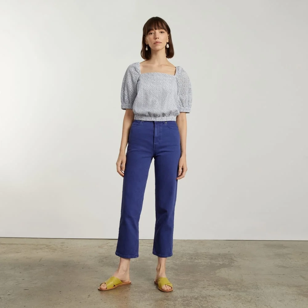 The Eyelet Puff Sleeve Top | Deep Blue / White (5)