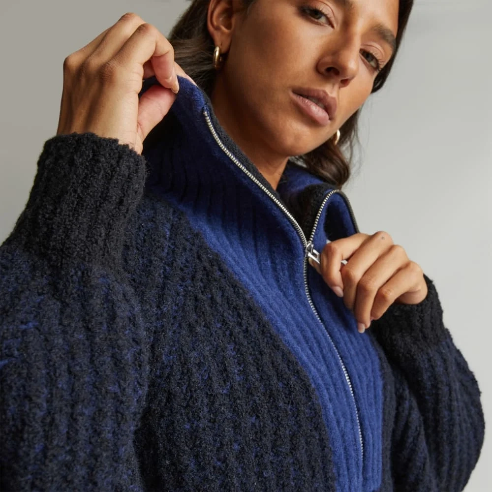 The Luxe Teddy Oversized Half Zip Sweater | Black / Ocean Cavern (5)